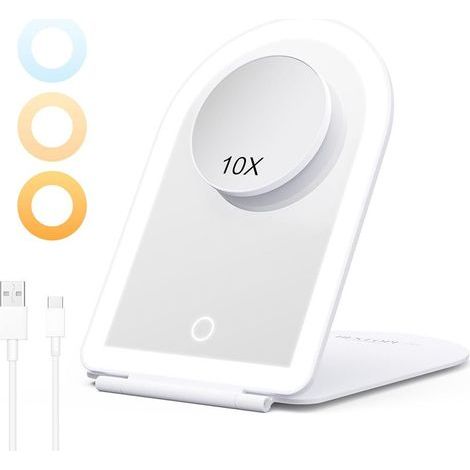Miroir Maquillage Lumineux Portable avec Grossissant 10X, Miroir à Coiffeuse LED Tactile Réglable - Éclairage 3 Couleurs, USB Rechargeable pour Voyage et Chambre (1/5)