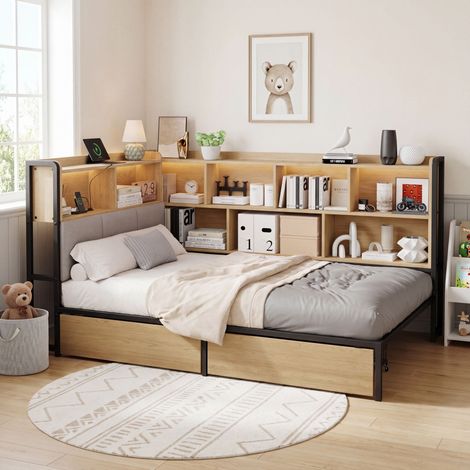 Canapé-lit 90x200 cm avec éclairage LED, station de charge USB et Type-C, sommier métallique, 2 tiroirs de rangement, tête de lit avec étagères, couleur naturelle, lit de jour pour adolescent