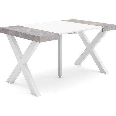 Skraut Home - Table console extensible, Console meuble, 140, Pour 6 personnes, Pieds bois massif, Style moderne, Blanc et Gris Ciment (1/5)