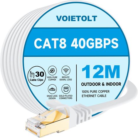 CAT8 Câble Ethernet 12M, 40Gbps/2000Mhz Haut Débit Gigabit RJ45 LAN Câble Réseau Internet, Cat-8 Plat Câble PatchBlindé Robuste pour PS4/5 Ordinateur Modem PC TV. (Blanc) (1/5)