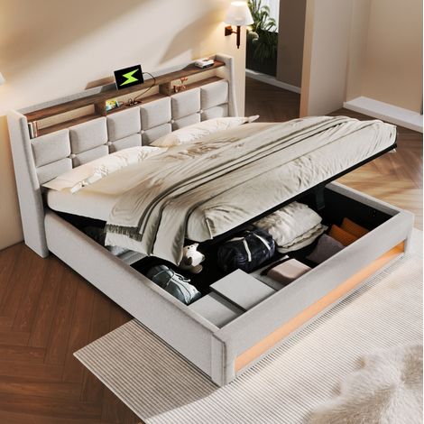 Cama con espacio de almacenamiento tapizada en lino beige claro 160x200 cm con LED, USB y somier de láminas (1/5)