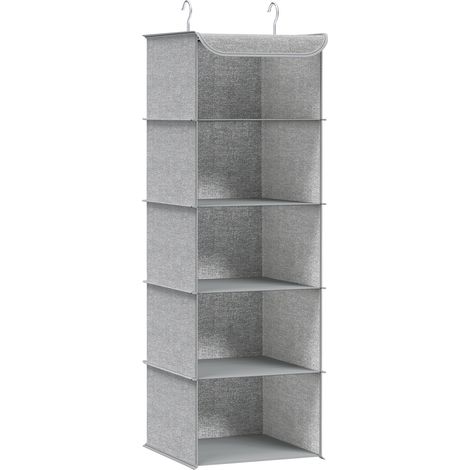 Étagère Suspendue, Pliable, Gain de Place, Rangement Placard, avec Crochets en Métal, Renfort en Bambou, Motif Lin, Gris Clair (1/5)