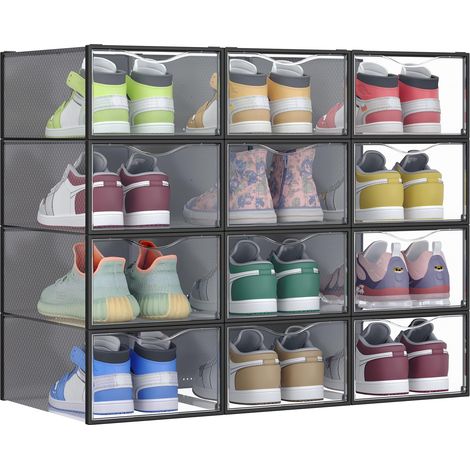 Boîtes à Chaussures, Organisateurs en Plastique, avec Porte, Lot de 12, Empilables, Montage Facile, 33,2 x 23 x 14,5 cm, pour Pointure jusqu'à 43, Transparentes et Noir d'Encre (1/5)