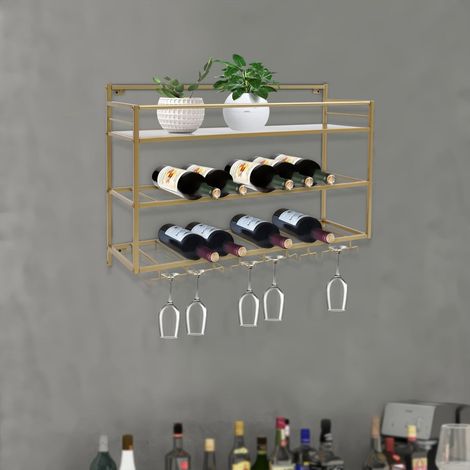 Wandregal für Wein mit 3 Ebenen, 80 x 25 x 55 cm, Halterung für Weinflaschen, Regal, Weinschrank, Halterung für Weingläser, Gläser, ideal für Bars. (1/5)