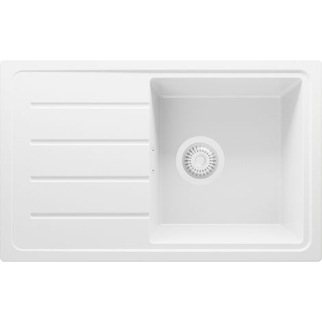 PRIMAGRAN Evier Cuisine en Granit 70x44cm, Lavabo 1 bac + Kit de Vidage, Évier à Encastrer au meuble 45cm - Copenhague Easy, Tout Blanc