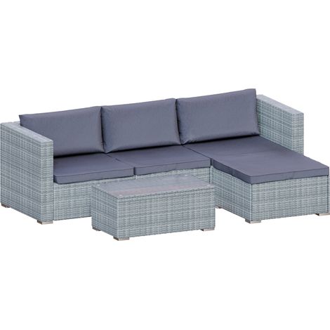 Hampton Rattan Garden Furniture 4 Seater Outdoor Corner Sofa Table Set, Grey-No-Cover (1/4)