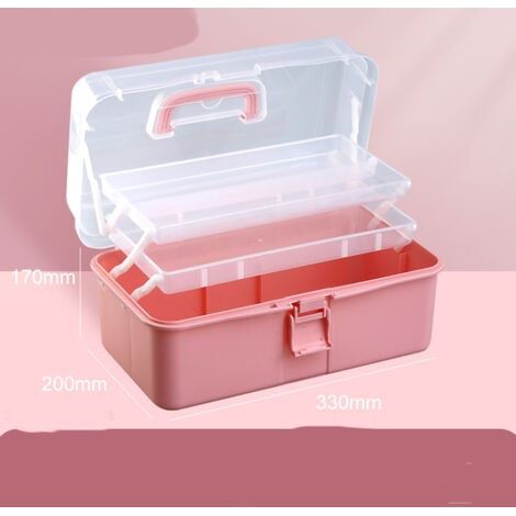 (Rose)Boîte de rangement de 33 cm avec 3 couches, boîte à outils multifonctionnelle en plastique avec poignée pour couture, maquillage, médicaments (1/4)