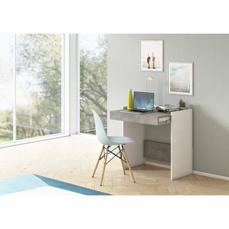 Dmora Escritorio Clematide, escritorio moderno con cajón, Mesa de estudio u oficina para porta libros de PC, 100% Made in Italy, Cm 80x40h79, Blanco y Cemento, con embalaje reforzado (1/5)