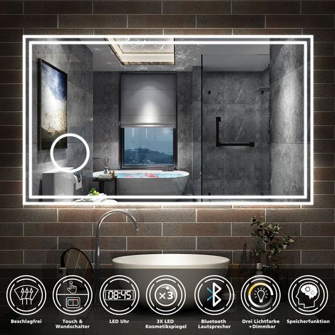 120 x 70 cm LED+Beschlagfrei+Bluetooth+Uhr+3 Lichtfarben Dimmbar+Kosmetikspiegel