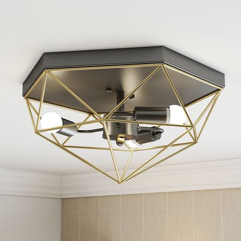 Plafonnier style industriel, design géométrique, 3 douilles E27, idéal pour le salon, la chambre et le bureau, ampoule non incluse, coloris noir et or (1/5)
