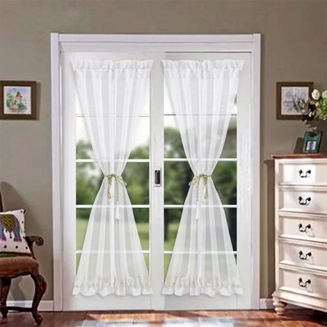 (blanc-64 x 183 cm)2 Rideaux de Porte French en Voile avec Passe Tringle Blanc 64x183cm, Privacy Lumière Douce, Livré avec Attache,Lavable (1/5)