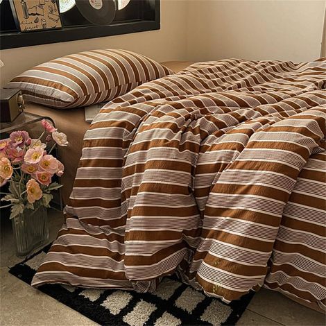 Housse de Couette 240x260 Brun avec 1 Taies d'oreiller 65x65 cm - Rayure Parure de Lit Ancien Lavée Douce Microfibre - Adulte Fille Linge de Lit Fleurs (1/5)