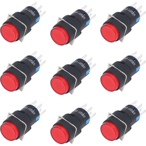 Bouton poussoir rond 16mm BEM-LA16-22DS-Y, impulsionnel ou à verrouillage, voyant lumineux rouge, 8 broches, 24V, lot de 25 pièces. (1/5)