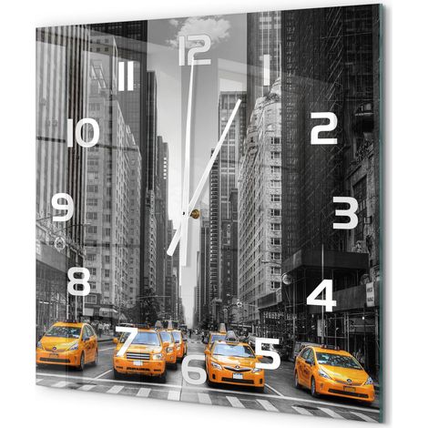 Grande Horloge Murale Carrée Maison Verre Trempé Silencieuse Design Moderne Élégant Taxis de New York 60x60 cm (1/5)