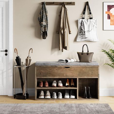 Banc à Chaussures avec Coffre Caché et Assise Rembourrée, Meuble Entrée Marron Foncé (1/5)