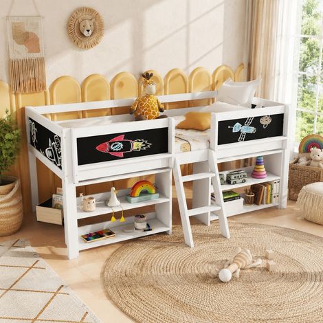 Letto semi-alto 90x200 cm bianco in legno di pino e MDF con ripiani, lavagna e barriera (1/5)
