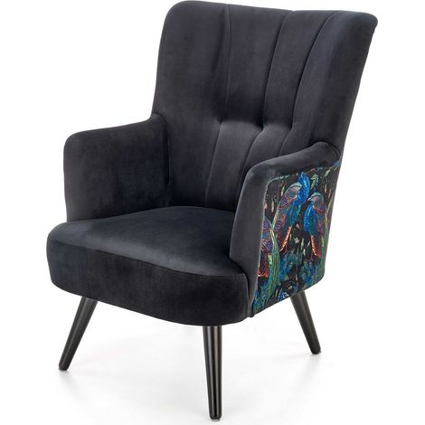 Fauteuil lounge en velours noir avec dossier imprimé FLORAEL (1/5)