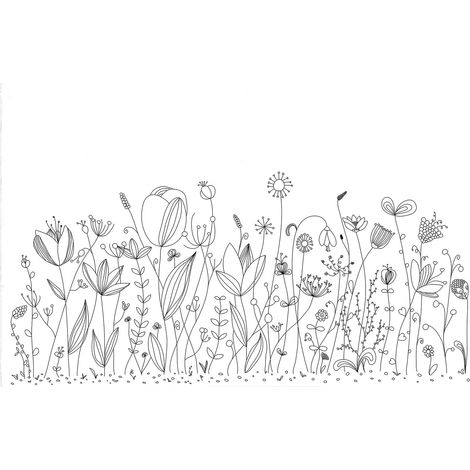 Papier peint panoramique floral noir & blanc | Tapisserie panoramique fleurie cuisine | Papier peint panoramique chambre ado & enfant - 267 x 400 cm (4 pièces) (1/2)