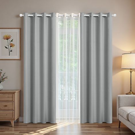 Ensemble de 3 rideaux occultants - Panneaux occultants en polyester avec voilages gris (1/4)