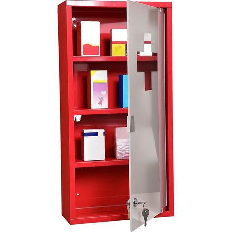 Armoire à pharmacie verrouillable à 4 compartiments, porte vitrée, acier, 60 x 30 x 12 cm, rouge (1/5)