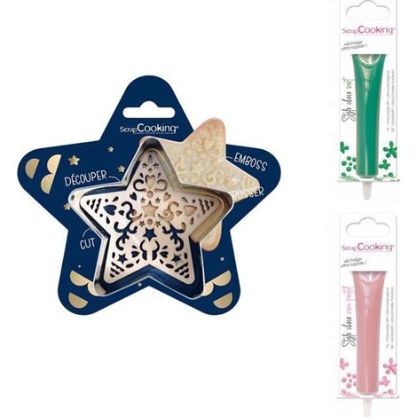 Kit pour biscuit en relief Étoile + 2 Stylos au chocolat vert et rose pastel (1/2)