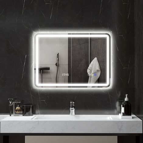 Miroir salle de bain Bluetooth avec éclairage LED 50 x 70 cm, miroir lumineux mural avec horloge, antibuée, argenté (1/5)