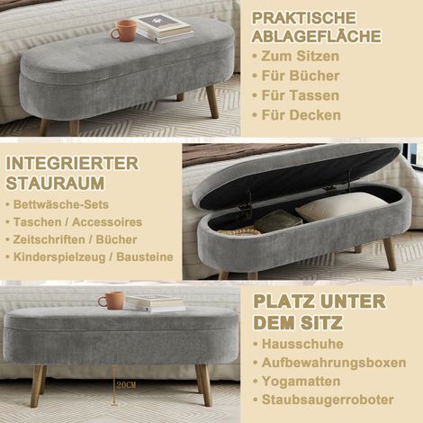 Banc de rangement multifonctionnel en tissu chenille doux, pieds en bois massif, cadre robuste, 20L de stockage, 110x40x42cm, gris foncé, pour chambre, salon, entrée, repose-chaussures. (1/5)