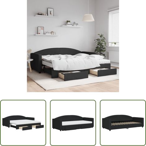 vidaXL Lit gigogne - Lit de jour avec gigogne et tiroirs noir 90x200 cm tissu (1/5)