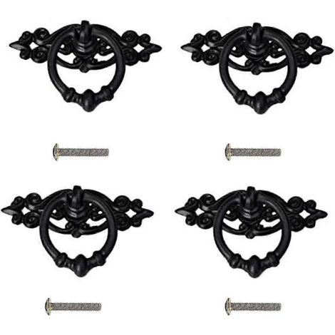 Poignée de porte de meuble antique noire, anneau de tirage, bouton rétro (noir) (4 pièces) (1/5)