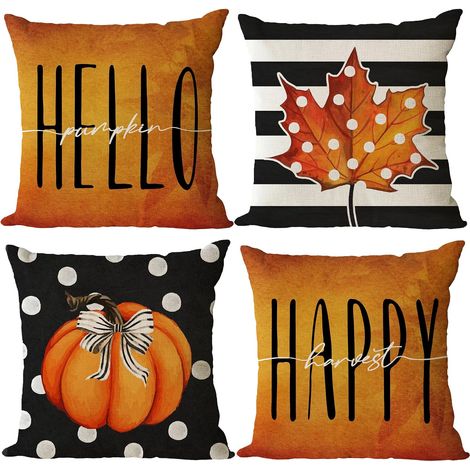 Fundas de cojín decorativas de otoño, 45x45 cm, juego de 4, estampado de calabazas (Acción de Gracias), naranja y negro, para Halloween. Ideales para sofás. (1/5)