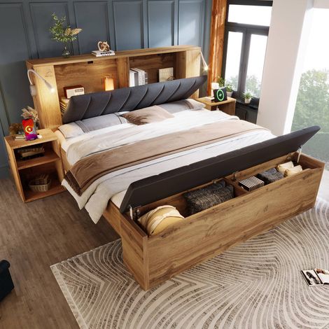 Lit 160x200 cm bois chêne avec tête escamotable lin, tables de nuit, banc et matelas inclus (1/5)