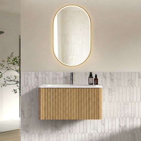 Conjunto de mueble de baño con espejo LED 80x50 cm, suspendido, lavabo integrado, MDF y color roble (1/5)