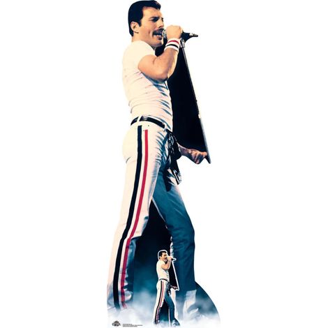 Figurine en carton Freddie Mercury concert 1982 pantalon rayure bleu, blanc et rouge -H 184cm (1/4)
