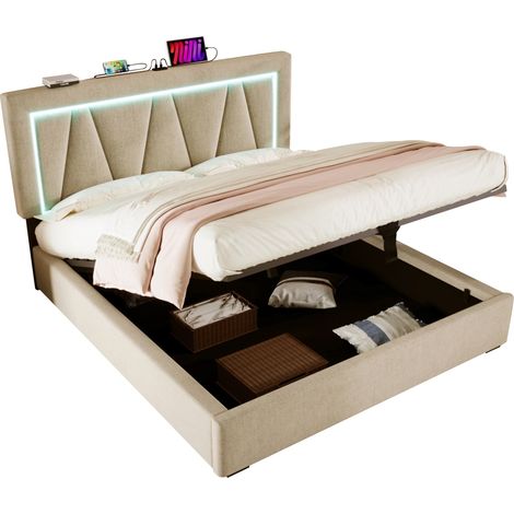 Lit coffre 140x200 en tissu avec tête de lit réglable, LED, ports USB et Type-C, rangement sous sommier, design moderne pour chambre adulte - CHICFURN (1/5)