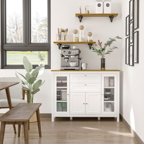 Buffet design moderne blanc 120x40x90cm, meuble de stockage avec placard double porte, 2 vitrines à porte transparente, 2 tiroirs et étagère réglable, parfait pour salon, salle à manger et cuisine.