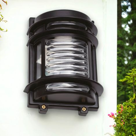 Außenlampe Wand Echt-Messing Glas E27 IP64 22 cm hoch Schwarz Maritim Außenwandlampe