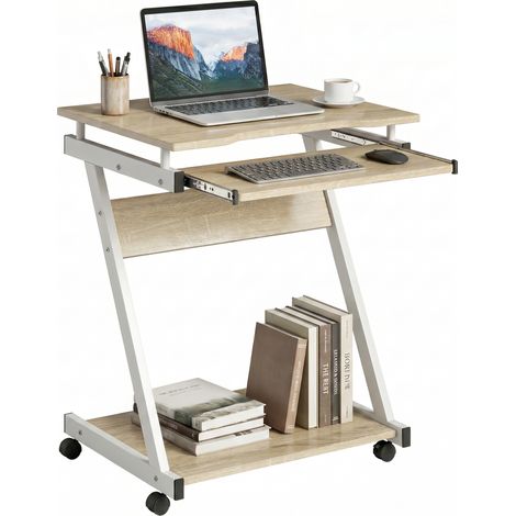 Bureau informatique compact à 4 roulettes, plateau clavier coulissant, métal, coloris chêne - PANGIVO (1/5)