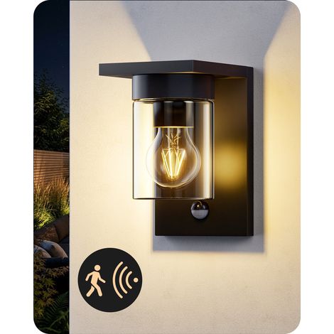 EDISHINE Wandleuchte außen mit Bewegungsmelder, Aluminium und Klarglas, IP44 wasserdicht, E27 Fassung, moderne Wandlampe für Haustür, Fassade, ohne Leuchtmittel, Schwarz