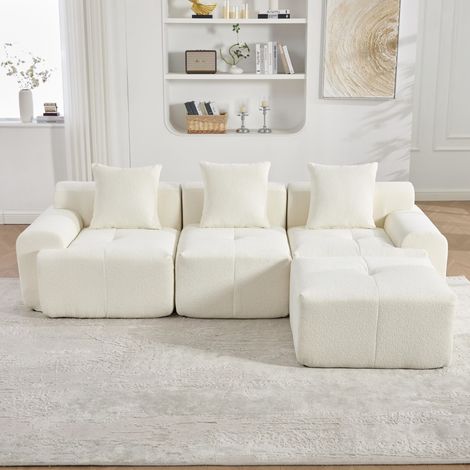 Canapé d'angle moderne en forme de nuage avec pouf, canapé modulable sans structure en L, canapé 3 places beige en mousse à mémoire de forme compressée, aucun assemblage requis – Dimensions : 268 × 10 (1/5)