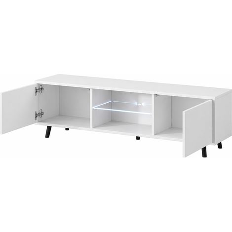Porta Televisore Con 2 Ante Battenti Vano Centrale Con Ripiano In Vetro E LED Mobile TV In Melaminico Con Piedini In Metallo Per Soggiorno Salotto Zona Living 140 X 31.5 X 40 Cm Bianco (1/5)