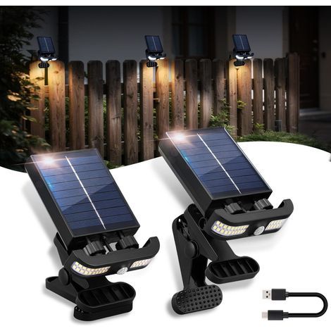 Lampe Solaire Extérieure avec Détecteur de Mouvement,Design Clip,Charge Solaire et USB,Indicateur LED pour Niveau de Batterie et Mode,3 Modes,IP55 Étanche,pour Balcon,Gouttières,Patio(Lot de 2) (1/2)