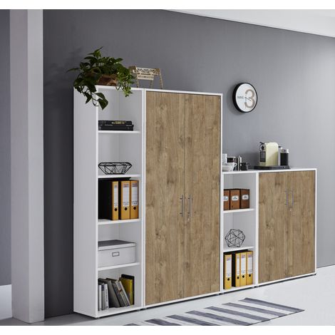 BMG Möbel abschließbare Regalwand/Schrankwand, Office Edition Set 4, weiß / Gold Harbor Oak