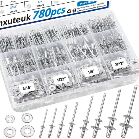 Lot de 780 rivets pop avec rondelle Assortiment de 14 tailles SAE en aluminium (3/32", 1/8", 5/32", 3/16", 1/4") - Rivets aveugles assortis pour métal, meubles, automobiles (1/5)