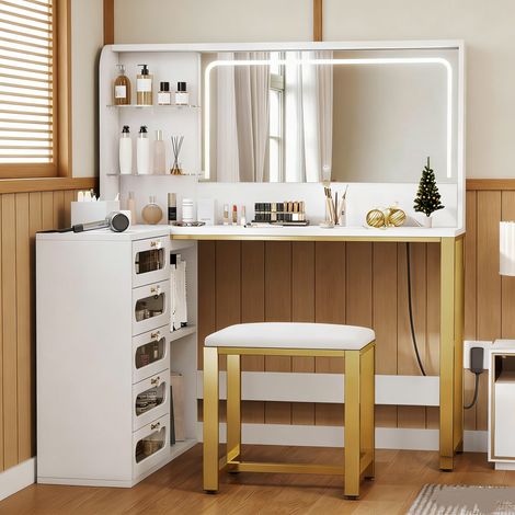 Coiffeuse avec Miroir et Tabouret 120 x 80 x 135 cm, Grand Miroir LED 3 Couleurs Réglable, Compartiments Ouverts, Table De Maquillage