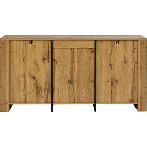 Buffet 135 x 35 x 70 cm en panneaux de particules, naturel, 3 tiroirs et placards (1/5)