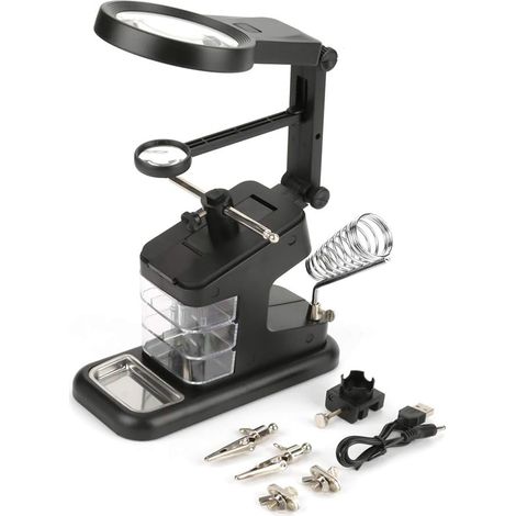Elektrischer USB-Lötkolben-Arbeitsplatz mit 3-facher / 4,5-facher / 25-facher Lupe mit LED-Lupe und Lötkolbenständer für Hobbyreparatur und Basteln (schwarz) (1/5)
