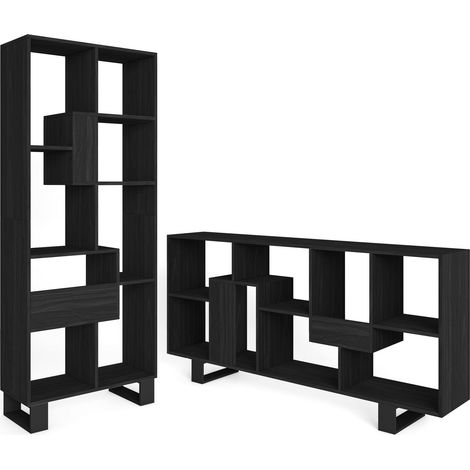 Skraut Home - Libreria scaffale, Scaffali in legno a ripiani, 67x31x174cm, Design industriale, Stile moderno, Nero (1/5)