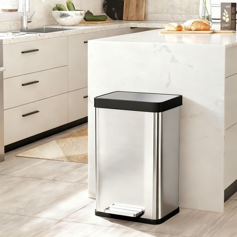 Cubo de basura de 60 litros con pedal, de acero inoxidable con tapa de cierre suave, color plata. (1/5)