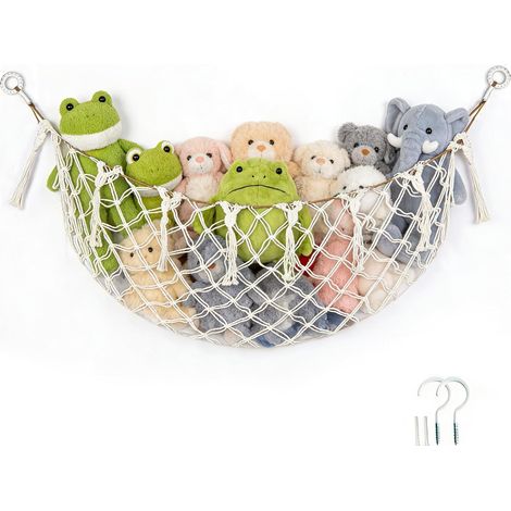Hamac pour peluches - 150 x 40 cm - Grand filet avec crochets - Blanc - Hamac pour jouets dans une chambre d'enfant (1/5)