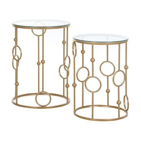 2er-Set Couchtisch, Beistelltisch mit Glasplatte, Wohnzimmertisch mit Reifen- und Kugeldesign Ø41 x 57 cm, Gold 
On-Site